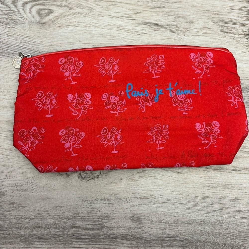 Lancome Red Floral Print Paris Zip Top Cosmetics / Makeup Bag Approx 10" X 5.5"
